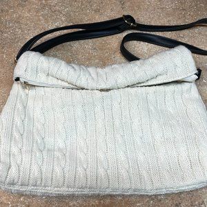 COOL VINTAGE ECRU CREAM CABLEKNIT SWEATER PURSE W/ ROLLED TOP BLACK STRAPS